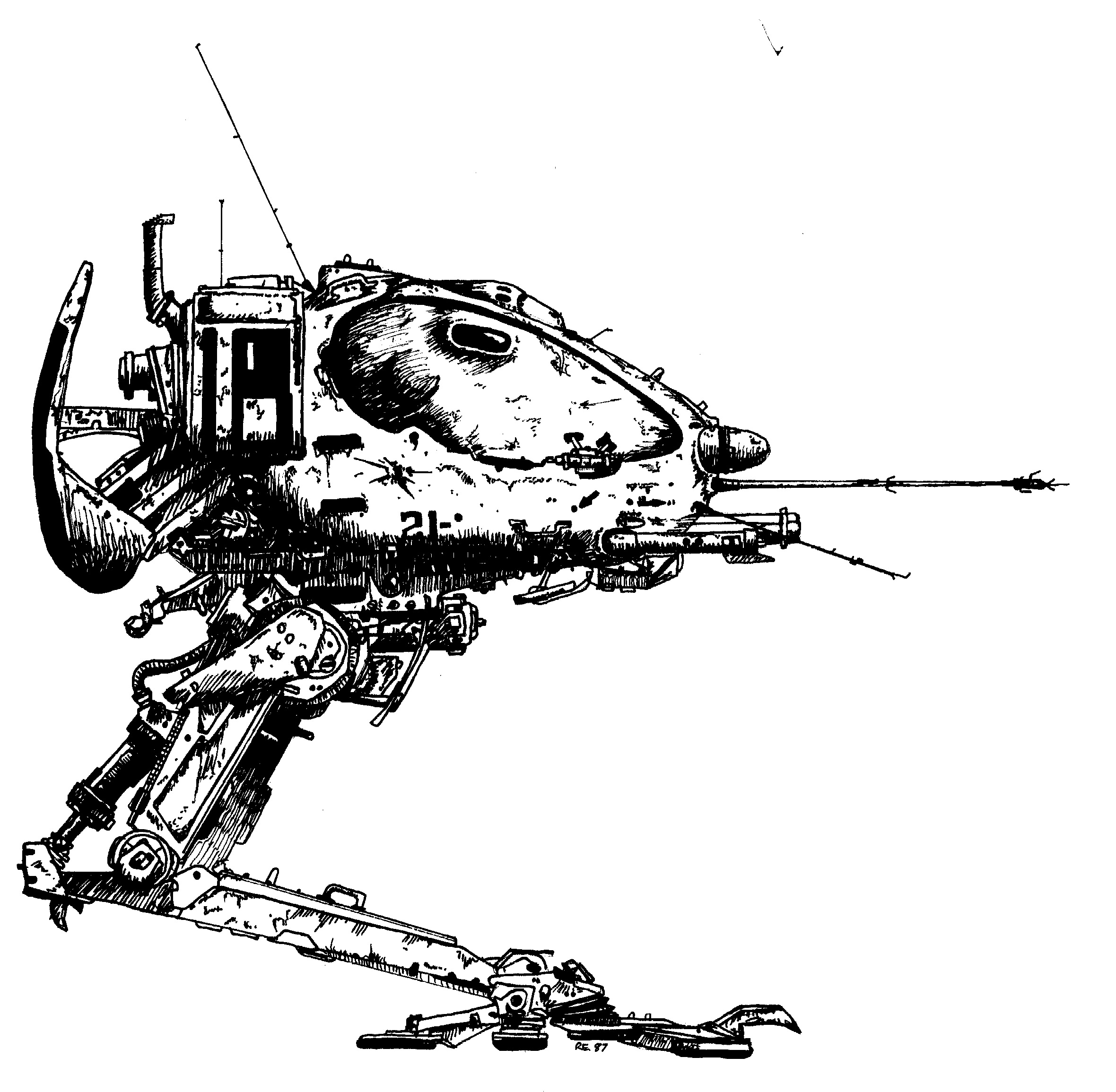 A side view of a two legged mechanized vehicle